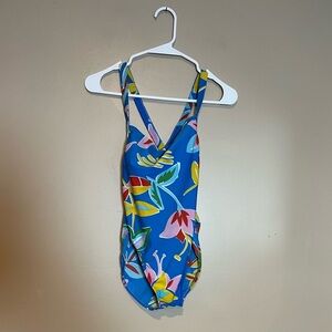 Oscar De La Renta One Piece Swimsuit Vintage 80's Blue Floral Criss Cross READ